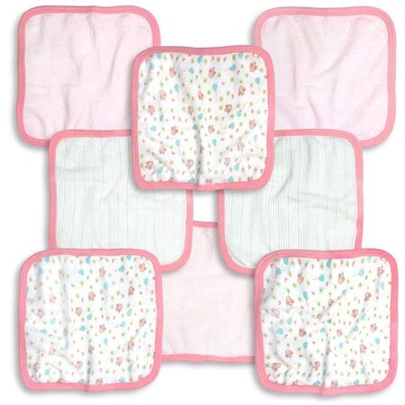 762G-8 8 Piece Pink & White Girls Washcloth Set44; Birdies & Stripe Print - 9 x 9 in.